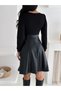 Women's Black Color Square Neck Long Sleeve Skirt Leather Kilos Dress - 5