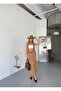 Women's Camel Faux Suede Slit Flexible Long Skirt - 4