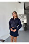 Women's Navy Blue Zippered Faux Suede Stretchy Crop Jacket - 3