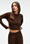 Mariposa Women's Round Neck Stripe Patterned Crop Wide Leg Knitwear Brown Bottom-Top Set - 6