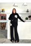 Women's Stylish Floral Embroidered Black Half Turtleneck Sweater Pants Bottom Top Knitwear Set - 2