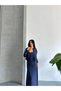 Women's Navy Blue Woven Fabric Crop Shirt and U-Neck Suspender Long Dress Two-Piece Set - 7