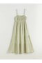 Green Gathered A-Line Muslin Dress with Drawstring Straps - 6