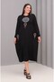 Women's Plus Size Black, Crew Neck, Long Sleeve Embroidered Viscose Dress with Pockets 65N39142 - 2