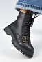 (Mihri) Women's Genuine Leather Laced Inside-Zip Top-Buckled Black Boot