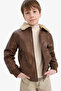 Polo Collar Plush Lining Zippered Camel Boy's Coat E7380A8/Bn380