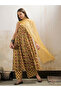 Yellow Floral Sleeveless Kurta with Pencil Pants and Dupatta Set