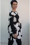 Black and White Ecru Floral Print Sleeve Tip Black Color-Blocked Boat Neck Low Sleeve Combed Viscose T-Shirt - 4
