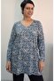 Blue Latte Patterned V-Neck Size Fits All Low Arm Long-Sleeved Combed Viscose T-Shirt - 8