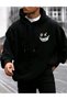 Streetwear Style Smiley Face Printed Women'S/Men's Unisex Oversize Hooded 3-Thread Black Sweatshirt - 2