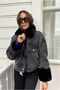 Women's Denim Jean Plush Coat with Fur Collar and Sleeve Detail Black Furry - 5