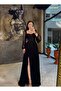 Daliya-Extra Narrow Fit Lace Balloon Sleeve Corset Front Slit Evening Dress Black