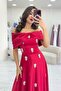Bow Collar Stone Detailed Satin Evening Dress Powder, Red, White - 7