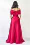 Bow Collar Stone Detailed Satin Evening Dress Powder, Red, White - 8