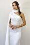 One Shoulder Shawl Collar Cape Sleeve Detail Pearl Embroidered Satin Evening Dress Burgundy, White, Navy Blue - 6