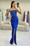 Strapless Stone Design Slit Mermaid Evening Dress White, Cobalt Blue, Powder, Red, Baby Blue, Black, Yellow - 7
