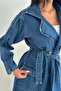 Denim Jean Trench Coat with Pockets and Belted Waist - 3