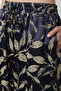 Women's Navy Blue - Cream Color Patterned Wide Leg Elastic Waist Trousers - 4