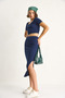 Women's Navy Blue Square Neck Short Sleeve Crop Slit Detailed Camisole Bottom-Top Set 60284032 - 3