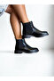 Black Leather Round Toe Women's Chelsea Boots with Elastic Sides