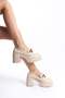 Women's Cream Leather Chain Buckle 8 cm Heeled Platform Shoes - 3