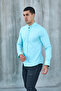 Turquoise Judgement Collar Lycra Linen Cotton Slim Fit Shirt - 2