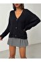 Women's Black V-Neck Buttoned Pocketed Ribbed Knit Cardigan - 3