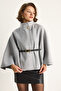 Women's Gray Gold Button Detailed Belted Poncho 2712 60261570 - 4