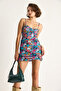 Women's Multi-Colored Thin Strap Drape Detailed Short Dress 60284059 - 5