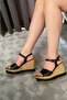 Women's Black Leather Single Strap Wedge Sole Shoes K-520 - 3