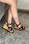 Women's Black Leather Cross Strap Wedge Sole Shoes - 4