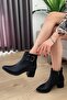 Women's Black Leather Black Buckle (6 cm) Heeled Pointed Toe Boots - 4