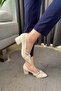 Women's Cream Skin Stone Bow 5 cm Thick Heeled Shoes - 4