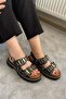 Women's Black Leopard Double Strap Capsule and Vardola Detailed Thick Sole Orthopedic Sandals K-120 - 2