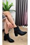 Women's Black Leather Black Buckle (6 cm) Heeled Pointed Toe Boots - 2