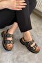 Women's Black Leopard Double Strap Capsule and Vardola Detailed Thick Sole Orthopedic Sandals K-120 - 4