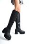 Women's Black Leather Swivel Zipper 8 cm Platform Heeled Below-The-Knee Boots
