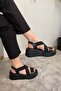 Women's Black Rubber Detailed Wedge Sandals