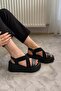 Women's Black Rubber Detailed Wedge Sandals - 5