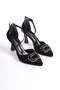 Women's Black Suede Ankle Strap Square Buckle Open Side Goblet Heeled Shoes