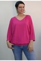Pink V-Neck Batwing Three-Quarter Sleeve Skirt Cuffed Combed Viscose T-Shirt - 5