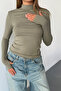 Women's Khaki Half Fishmouth Collar with Finger Hole Cotton Modal Fabric Solid Basic Blouse Lw10022