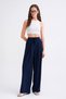 4681 Women's Tie-Up Double Pleated Palazzo Wide Leg Trousers Navy Blue