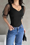 Women's Short Tulle Sleeve Sweetheart Neck Blouse Black - 2