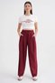 4682 Women's Elastic Waist Jogger Loose Linen Trousers Burgundy