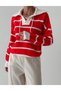 Red Mike Polo Collar Ecru Striped Lace Front Knitwear Sweater-4469
