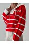 Red Mike Polo Collar Ecru Striped Lace Front Knitwear Sweater-4469 - 2