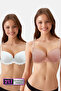 Economic Pack of 2 Ecru - Pink Nude 6807 Kansas Lace Micro Satin Bra Set (With D Cup Option)