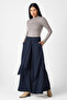 Belt Detailed Wide Leg Winter Wool Navy Blue Trousers