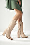 Keri Beige Croco Asymmetrical Cut Heeled Short Women's Boots - 5